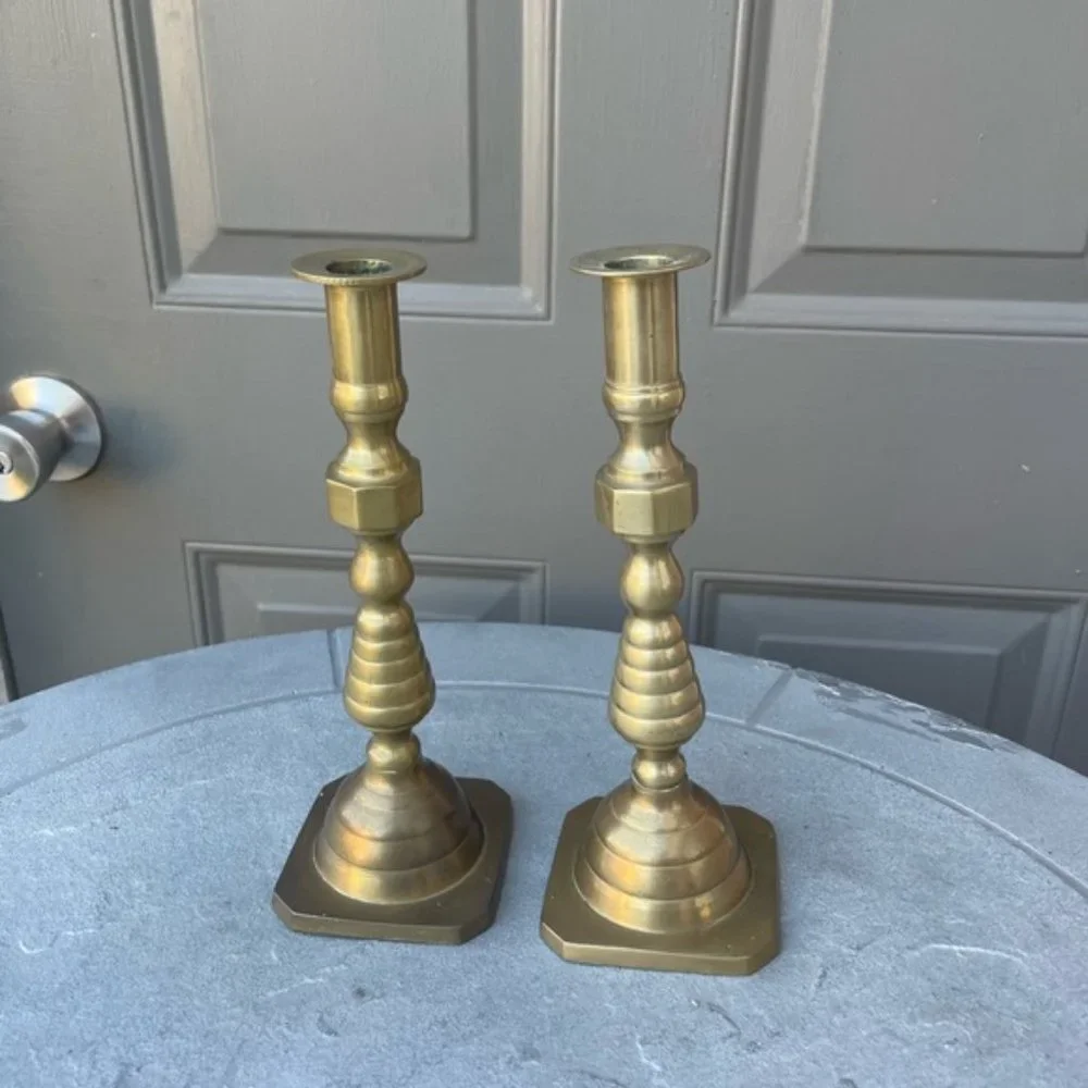 Pair of Antique Beehives Brass Candlesticks